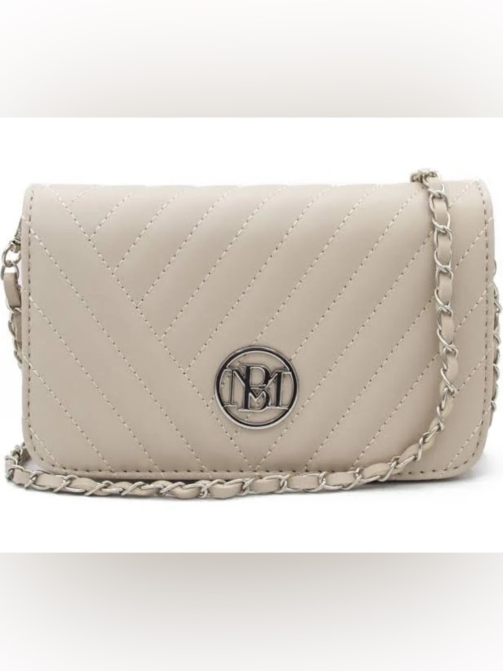 Studio Badgley Mischka Tan Quilted Logo Small Crossbody Bag W/ Silver